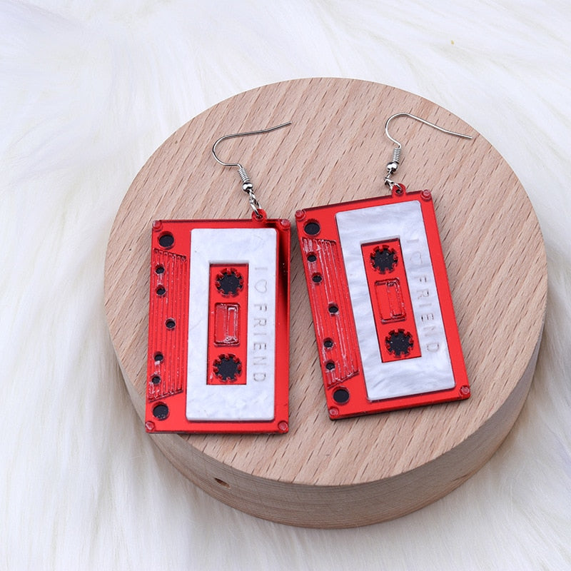 Vintage Simulation Cassette Tape Acrylic Earrings For Women Funny Multicolor Geometric Mirrored I Love Friend Tape Drop Earrings