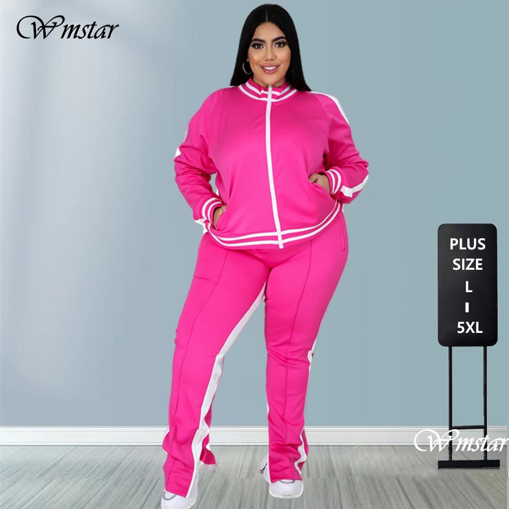 Plus Size L-5XL Two Piece Set Women Zipper Striped Top Slit Pants Outfit