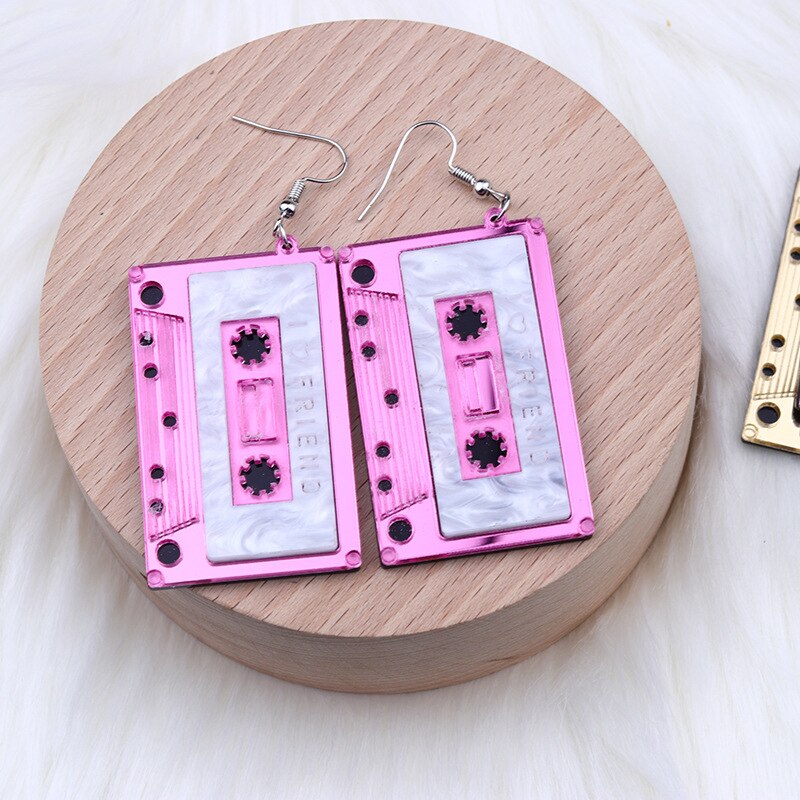 Vintage Simulation Cassette Tape Acrylic Earrings For Women Funny Multicolor Geometric Mirrored I Love Friend Tape Drop Earrings
