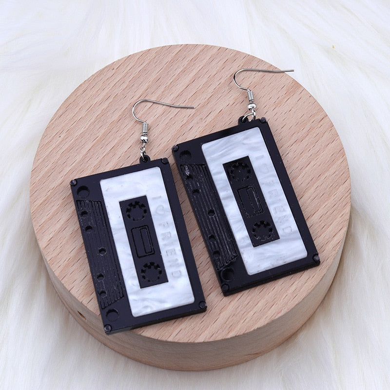 Vintage Simulation Cassette Tape Acrylic Earrings For Women Funny Multicolor Geometric Mirrored I Love Friend Tape Drop Earrings