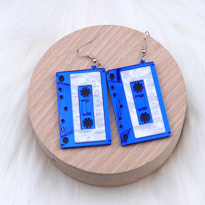 Vintage Simulation Cassette Tape Acrylic Earrings For Women Funny Multicolor Geometric Mirrored I Love Friend Tape Drop Earrings
