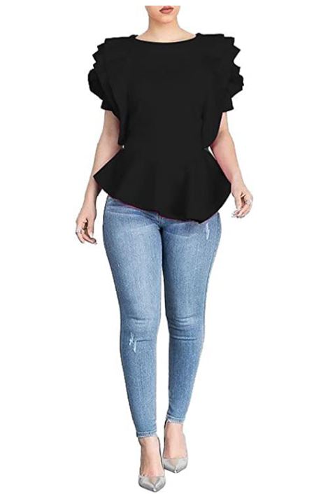 Women Round Neck Ruffle Short Sleeve Peplum Blouse