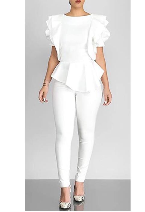 Women Round Neck Ruffle Short Sleeve Peplum Blouse