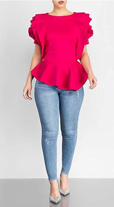 Women Round Neck Ruffle Short Sleeve Peplum Blouse