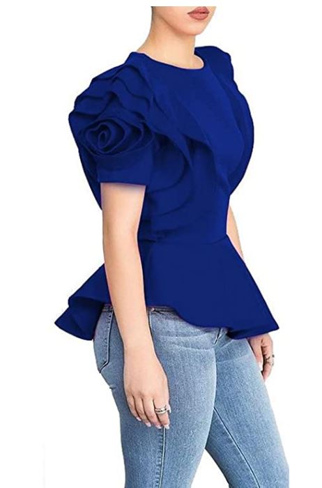 Women Round Neck Ruffle Short Sleeve Peplum Blouse