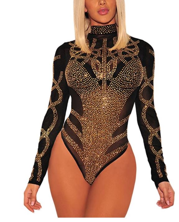 Sexy Rhinestone Sheer Mesh Long Sleeves Bodysuits