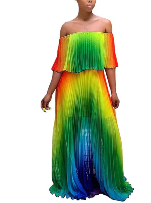 Chiffon Sundress Off Shoulder Ombre Tie Dye Pleated Long Maxi