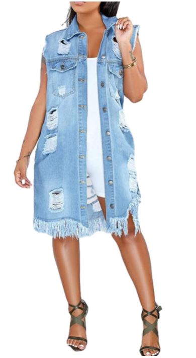Ripped Sleeveless Mid Long Denim Jacket