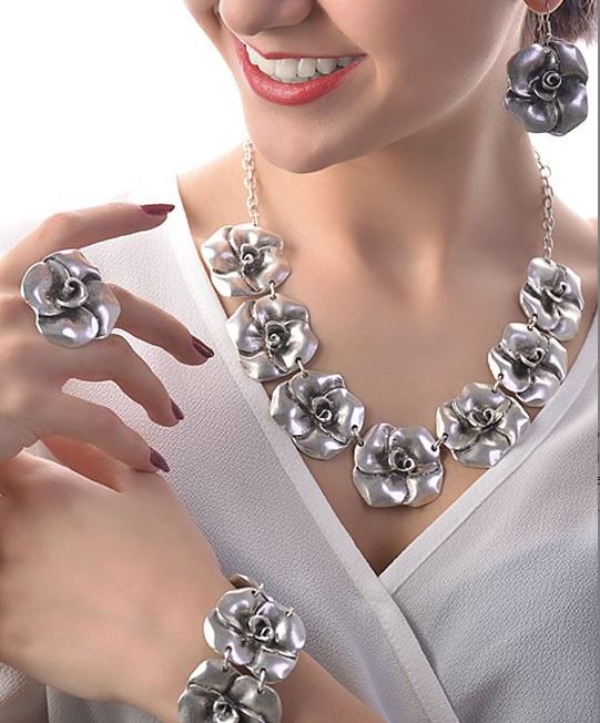 Silvertone Floral Status Necklace Set