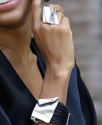 Silvertone Status Chunky Geometric Ring & Cuff Set