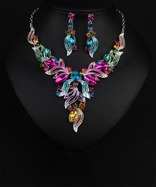 Colorful Goldtone Crystal Statement Necklace & Drop Earrings