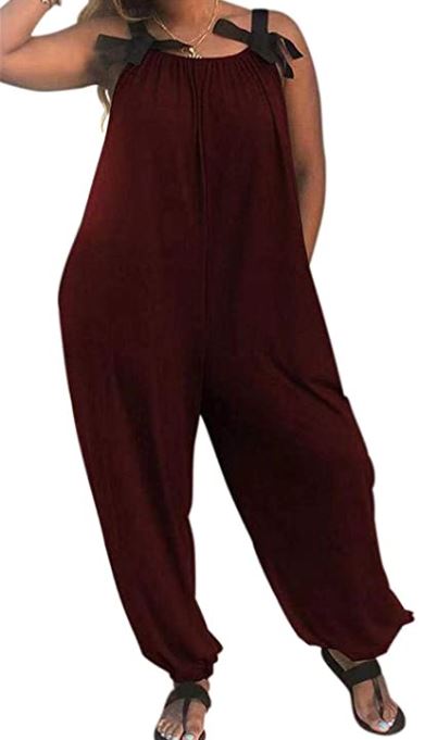 Casual Solid Color Loose Fit Baggy Harem Overall Jumpsuit Sleeveless Spaghetti Strap