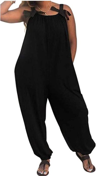 Casual Solid Color Loose Fit Baggy Harem Overall Jumpsuit Sleeveless Spaghetti Strap