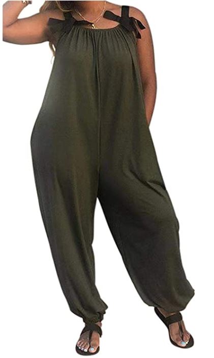 Casual Solid Color Loose Fit Baggy Harem Overall Jumpsuit Sleeveless Spaghetti Strap