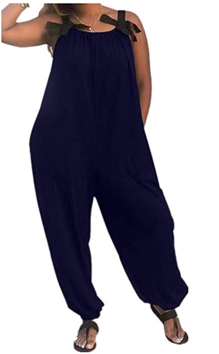 Casual Solid Color Loose Fit Baggy Harem Overall Jumpsuit Sleeveless Spaghetti Strap