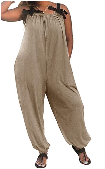 Casual Solid Color Loose Fit Baggy Harem Overall Jumpsuit Sleeveless Spaghetti Strap