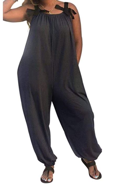 Casual Solid Color Loose Fit Baggy Harem Overall Jumpsuit Sleeveless Spaghetti Strap