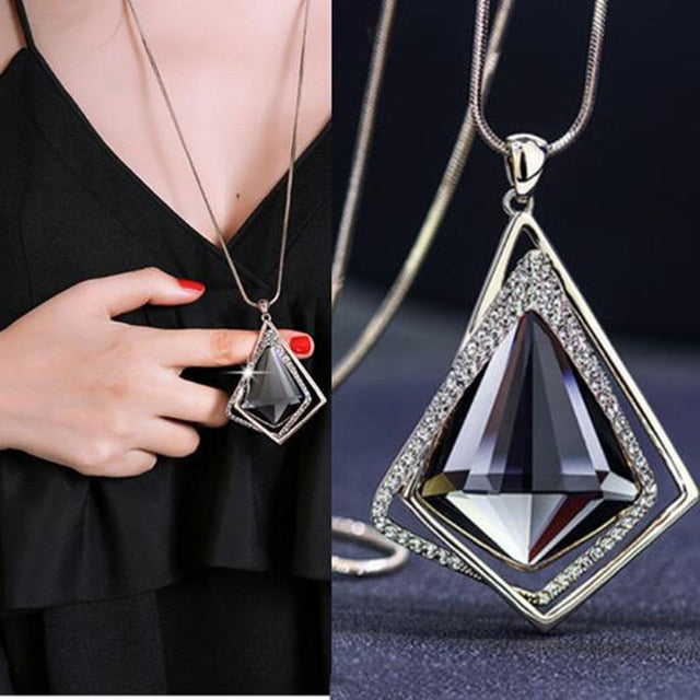 BYSPT Gold Silver Color Rhinestone Long Necklace Vintage Punk Triangle Square Oval Crystal Glass Pendant Necklaces Women Jewelry