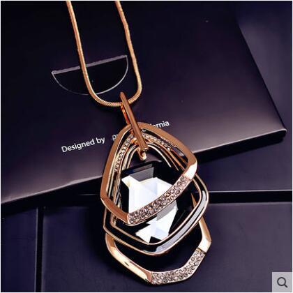 BYSPT Gold Silver Color Rhinestone Long Necklace Vintage Punk Triangle Square Oval Crystal Glass Pendant Necklaces Women Jewelry