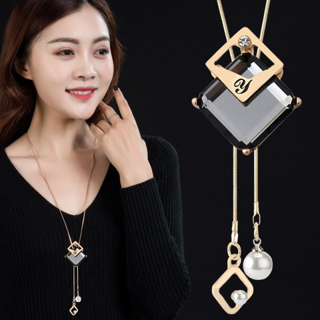 BYSPT Gold Silver Color Rhinestone Long Necklace Vintage Punk Triangle Square Oval Crystal Glass Pendant Necklaces Women Jewelry