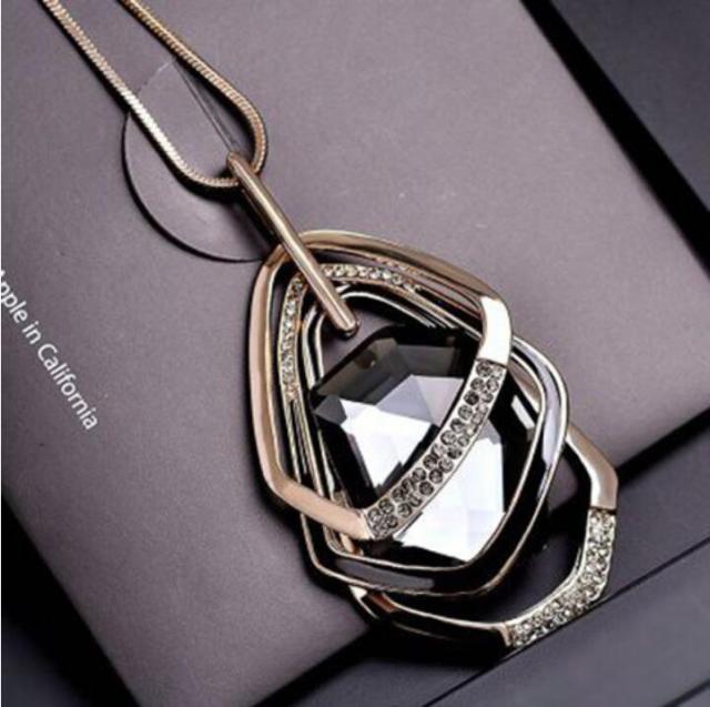 BYSPT Gold Silver Color Rhinestone Long Necklace Vintage Punk Triangle Square Oval Crystal Glass Pendant Necklaces Women Jewelry