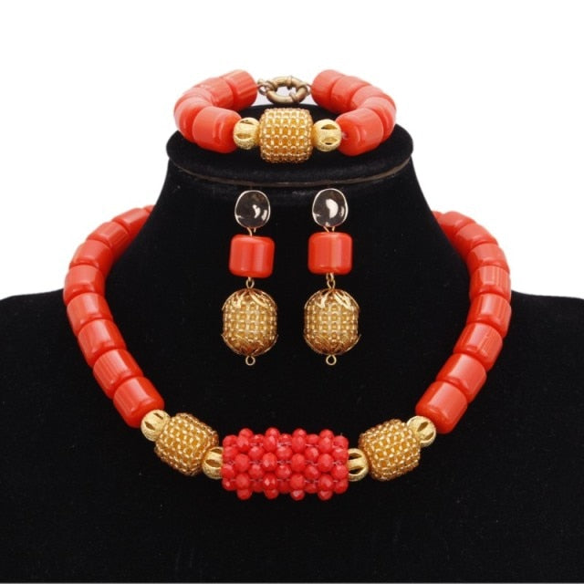 Dudo Store African Jewelry Set New Designs 3 Layers Artificial Coral Beads Jewellery Set 2019 With Gold Beaded Balls 3 Pieces