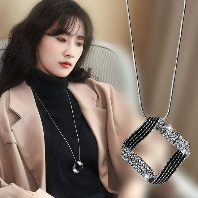 BYSPT Gold Silver Color Rhinestone Long Necklace Vintage Punk Triangle Square Oval Crystal Glass Pendant Necklaces Women Jewelry
