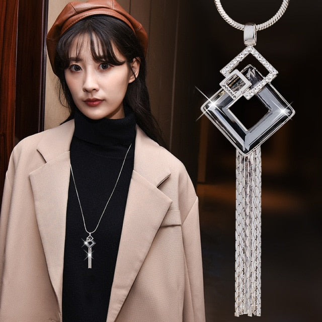 BYSPT Gold Silver Color Rhinestone Long Necklace Vintage Punk Triangle Square Oval Crystal Glass Pendant Necklaces Women Jewelry