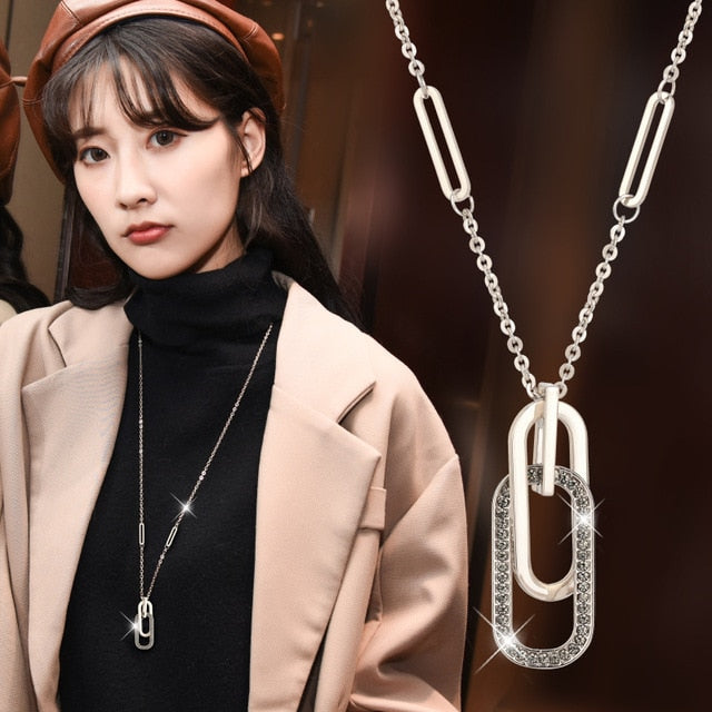 BYSPT Gold Silver Color Rhinestone Long Necklace Vintage Punk Triangle Square Oval Crystal Glass Pendant Necklaces Women Jewelry