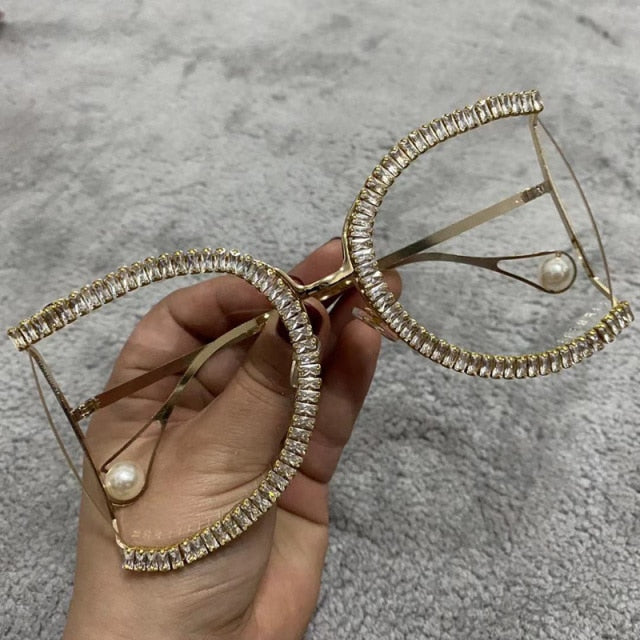 Luxury Half Frame Designer Rhinestone Sunglasses