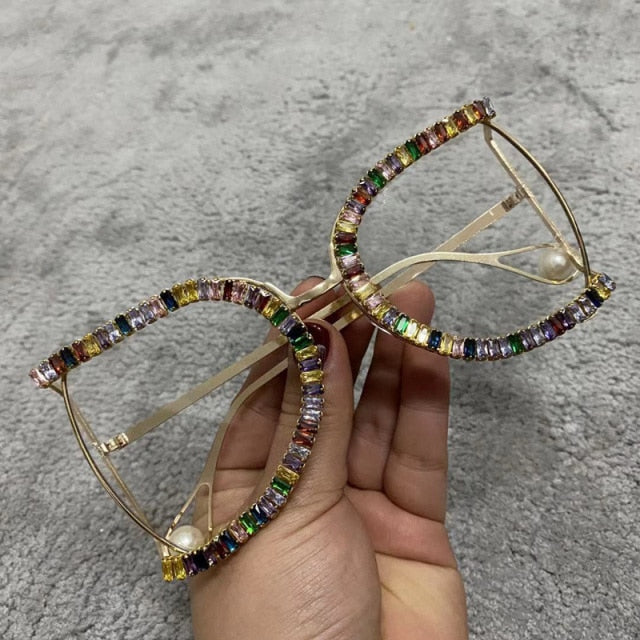 Luxury Half Frame Designer Rhinestone Sunglasses