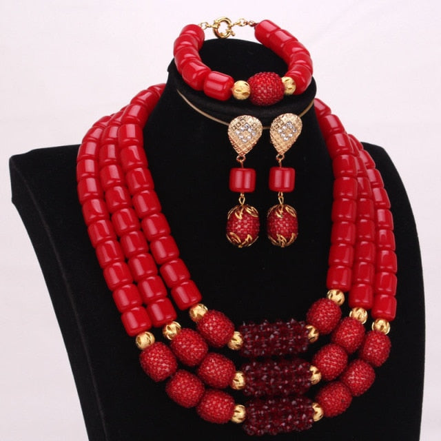 Dudo Store African Jewelry Set New Designs 3 Layers Artificial Coral Beads Jewellery Set 2019 With Gold Beaded Balls 3 Pieces