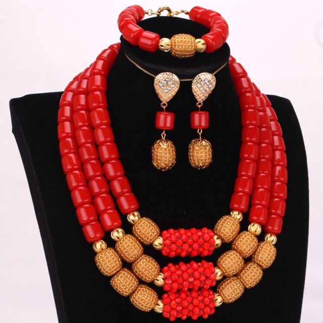 Dudo Store African Jewelry Set New Designs 3 Layers Artificial Coral Beads Jewellery Set 2019 With Gold Beaded Balls 3 Pieces