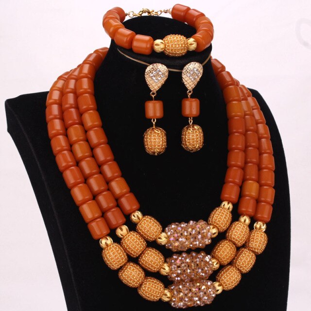 Dudo Store African Jewelry Set New Designs 3 Layers Artificial Coral Beads Jewellery Set 2019 With Gold Beaded Balls 3 Pieces