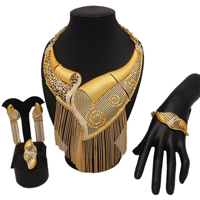 Gold Plating Jewelry Sets African Bridal Big Jewelry sets Women Necklace Bracelet and Earings