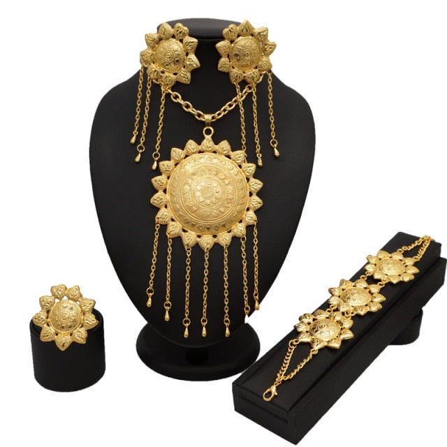 Gold Plating Jewelry Sets African Bridal Big Jewelry sets Women Necklace Bracelet and Earings