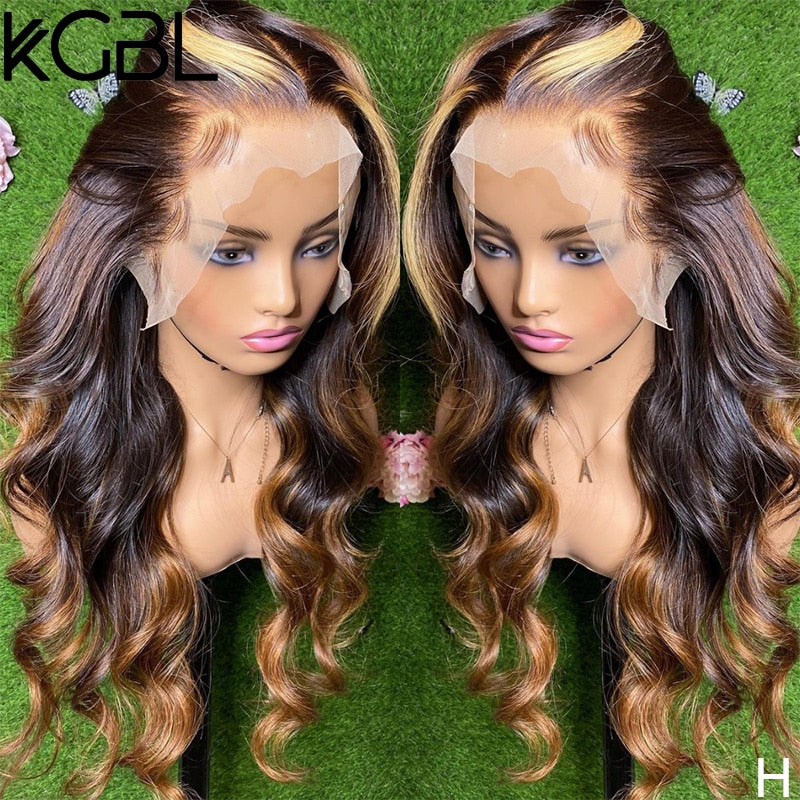 KGBL Highlight Color 13x4 Lace Front Human Hair Wigs Wavy 8-24'' Pre-Plucked Non-Remy For Women 180% Density Brazilian Medium