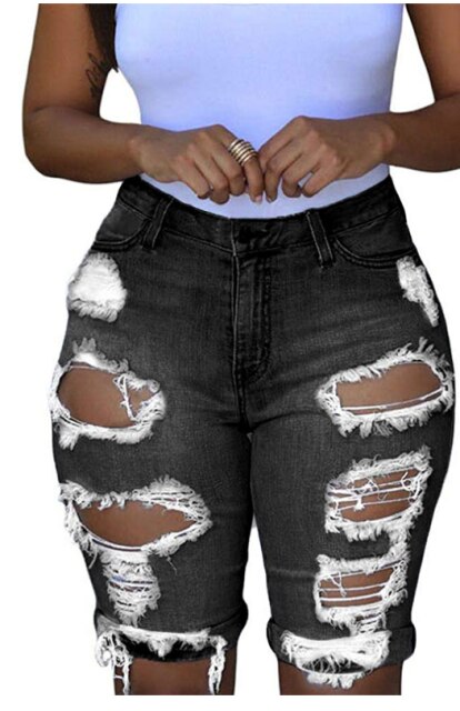 Women Ripped Denim Destroyed Mid Rise Stretchy Bermuda Jeans