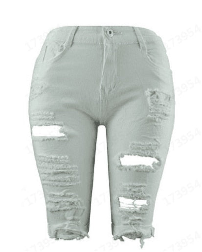 Women Ripped Denim Destroyed Mid Rise Stretchy Bermuda Jeans