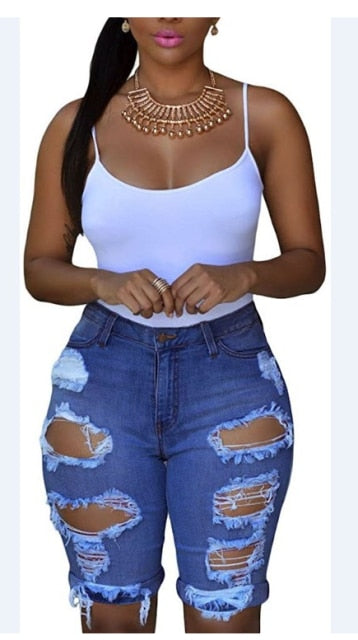 Women Ripped Denim Destroyed Mid Rise Stretchy Bermuda Jeans