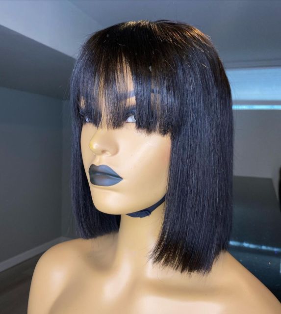 Burgundy Red Short Human Hair Wig with Fringe for Women Straight Remy Hair Bob Wigs With Bangs Dark Brown Balayage Color