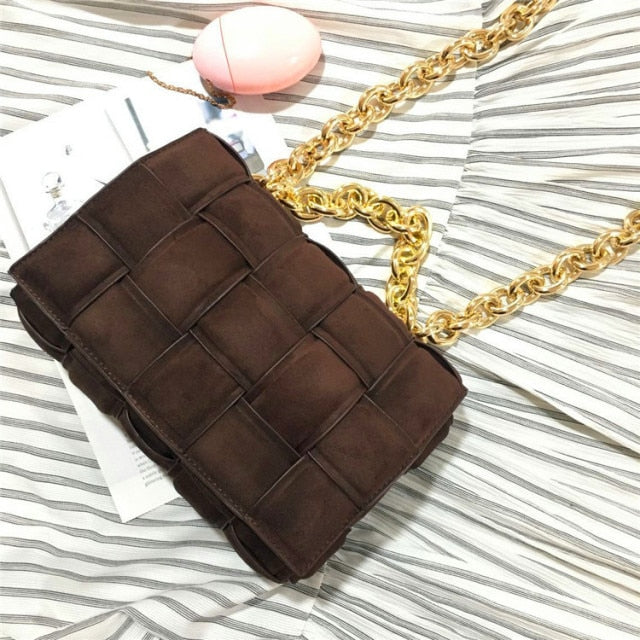 Frosted Suede Shoulder Bag for Women Thick Metal Chain Luxury Handbags Designer Cluth Purse Woven Square Messenger Crossbody Bag