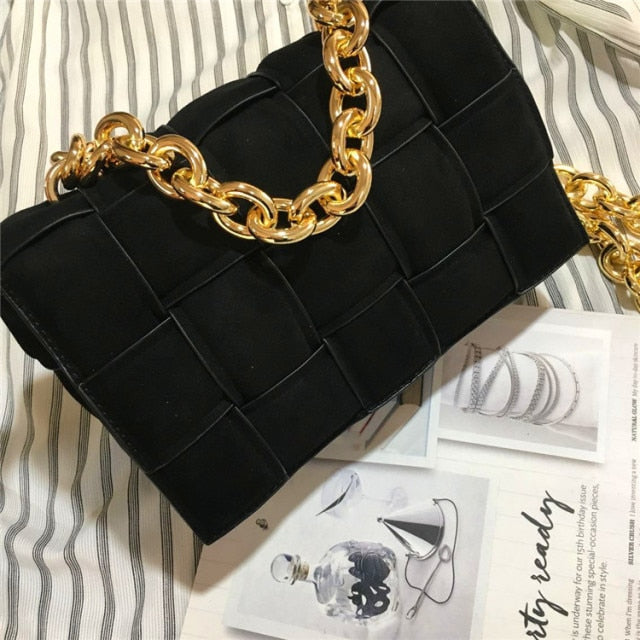 Frosted Suede Shoulder Bag for Women Thick Metal Chain Luxury Handbags Designer Cluth Purse Woven Square Messenger Crossbody Bag