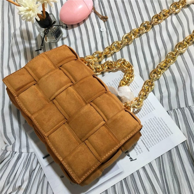 Frosted Suede Shoulder Bag for Women Thick Metal Chain Luxury Handbags Designer Cluth Purse Woven Square Messenger Crossbody Bag