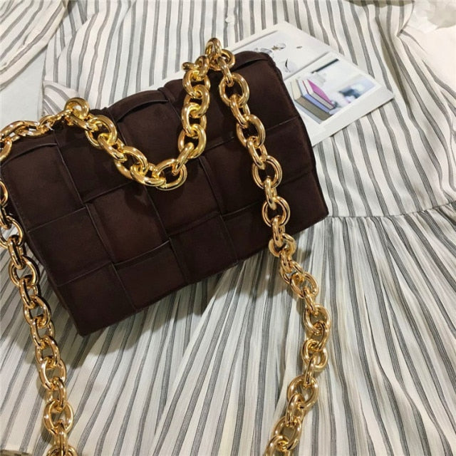 Frosted Suede Shoulder Bag for Women Thick Metal Chain Luxury Handbags Designer Cluth Purse Woven Square Messenger Crossbody Bag