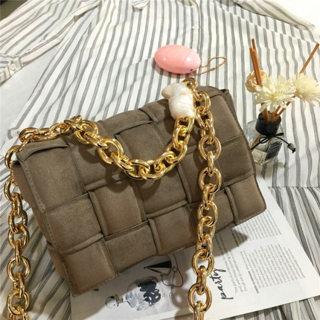 Frosted Suede Shoulder Bag for Women Thick Metal Chain Luxury Handbags Designer Cluth Purse Woven Square Messenger Crossbody Bag