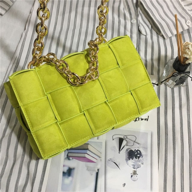 Frosted Suede Shoulder Bag for Women Thick Metal Chain Luxury Handbags Designer Cluth Purse Woven Square Messenger Crossbody Bag