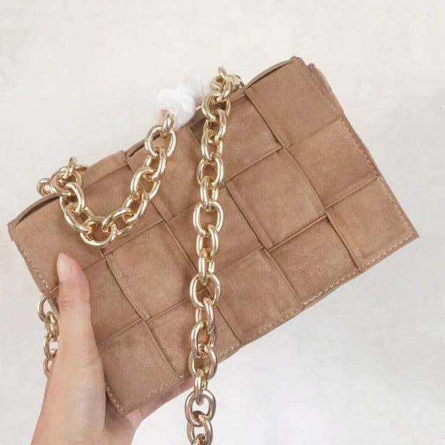 Frosted Suede Shoulder Bag for Women Thick Metal Chain Luxury Handbags Designer Cluth Purse Woven Square Messenger Crossbody Bag