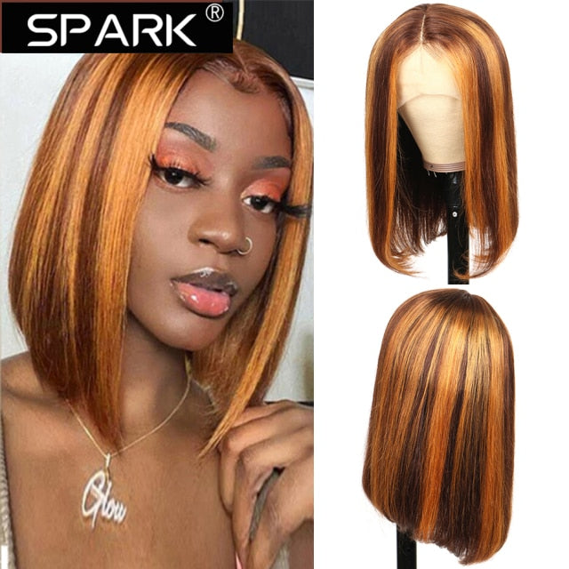 SPARK Ombre 1B/30 Bob Peruvian Straight Highlight 13x4 Lace Frontal Short Bob Wig Remy Hair 4x4 HD Lace Closure Human Hair Wigs