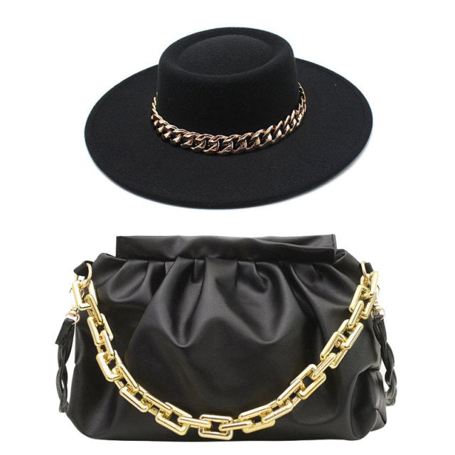 Fedora Hat For Women Bump Cap Oversized Chain Accessory Bag